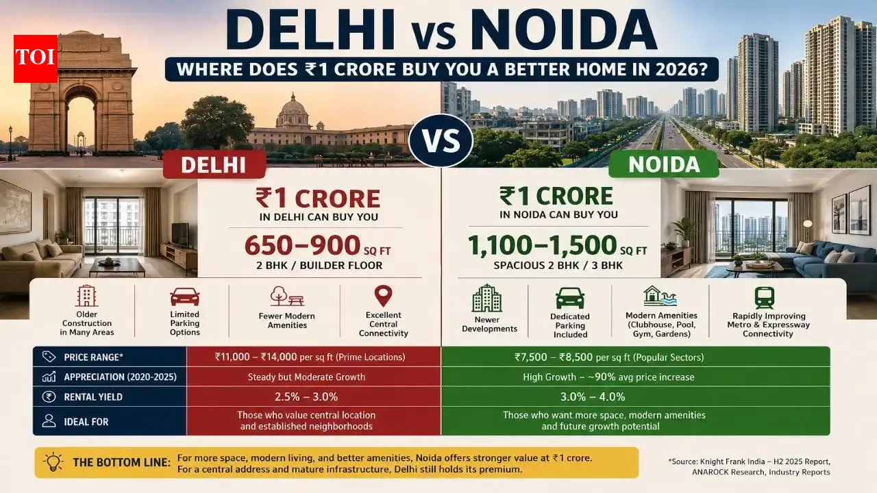 Delhi vs Noida: Which city gives homebuyers more space for ₹1 crore budget?