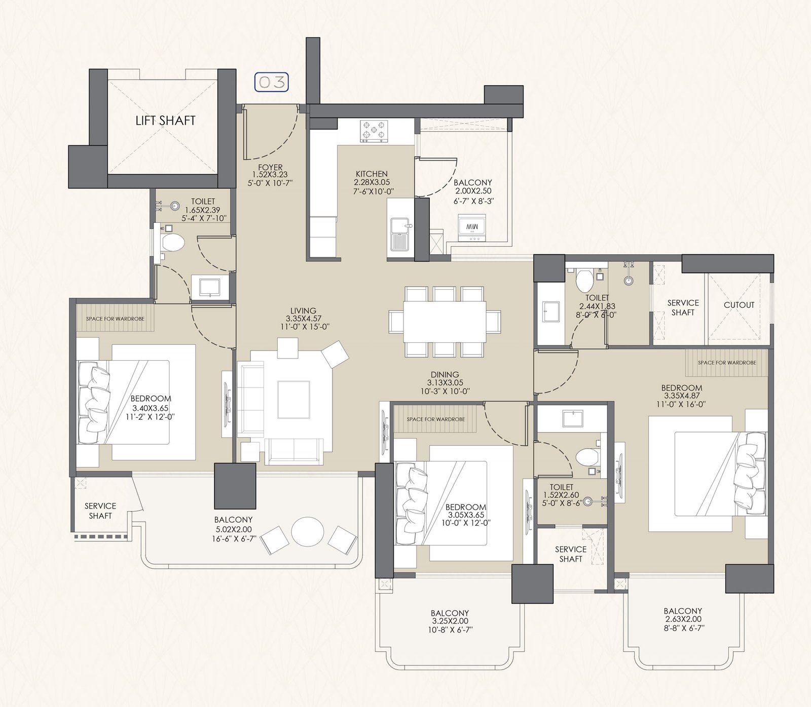 3 BHK floor plan
